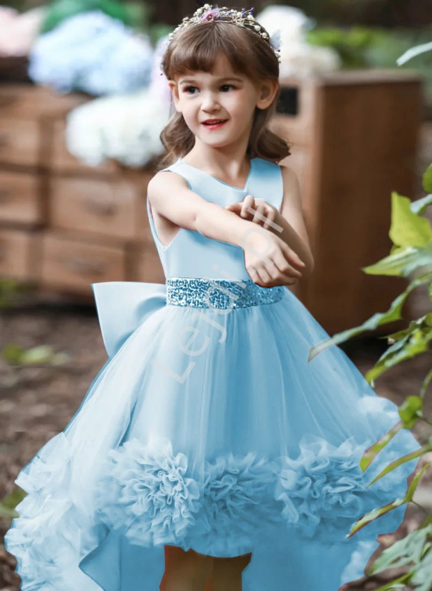 Balowa błękitna suknia dla dziewczynki, sukienka dziecięca z wydłużonym tyłem 5259