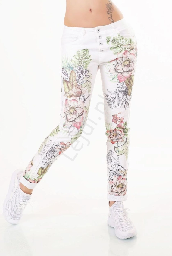 Białe spodnie damskie w stylu baggy w kwiatowy wzór, modne spodnie jeansowe w kwiaty