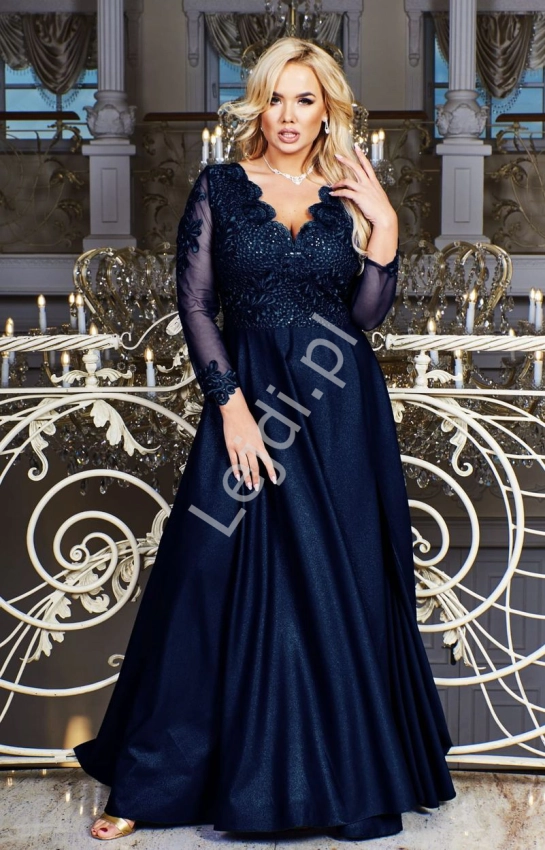 Czarna broktowa sukienka wieczorowa z zdobieniem koronką, Carmen long