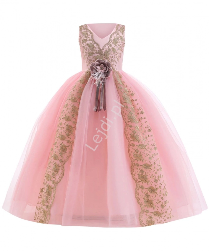 Jasno różowa długa suknia dla dziewczynki tiulowa ze złotymi haftami 283