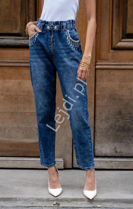 Jeansowe spodnie damskie w stylu baggy, modne spodnie z kryształkami 3892