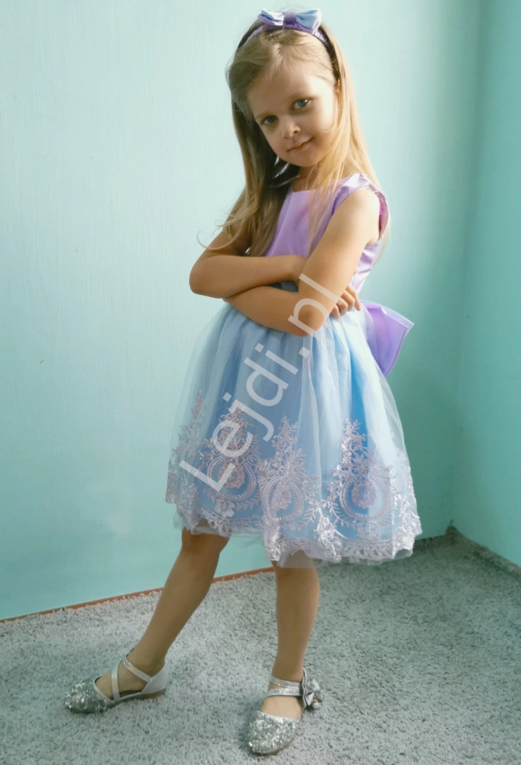 Komplet z opaską, sukienka dla dziewczynki na roczek, na święta, wesele fioletowo błękitna 2022