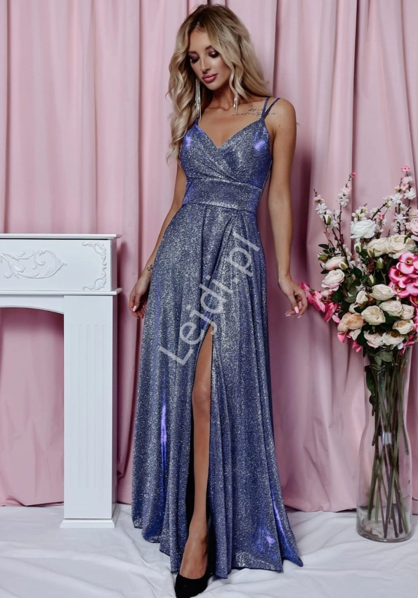 Kopertowa długa suknia srebrno niebieski multi disco 1002