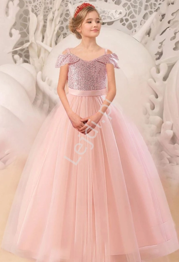 Różowa sukienka wieczorowa z cekinową górą, długa sukienka dla dziewczynki na wesele 0002