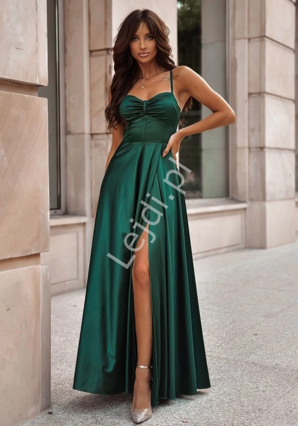 Satynowa sukienka gorsetowa w butelkowo zielonym kolorze, wieczorowa sukienka w stylu WOW 1112
