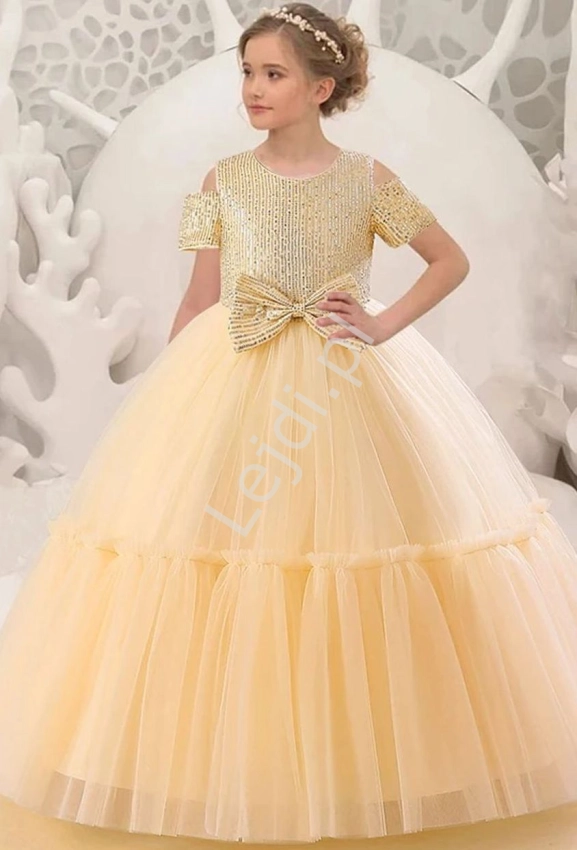 Wieczorowa sukienka dla dziewczynki w złotym kolorze, długa sukienka na wesele, na bal 0008